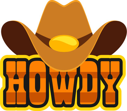 Howdy western and Wild West Y2K groovy sticker. Western country culture 60s vector patch, Texas ranch and rodeo retro sticker. Wild West history label with cowboy hat and howdy word typography