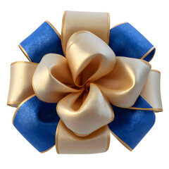 Blue ribbon on white background. Top view of bow