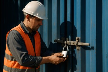 Worker in safety vest and hard hat locking a blue shipping container, ensuring cargo security and logistics