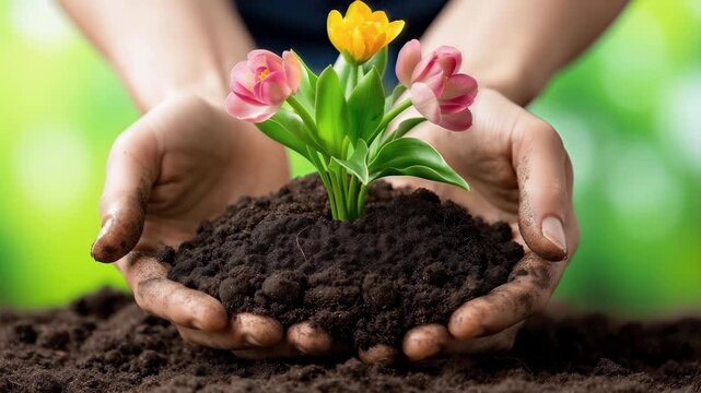 hands holding soil with colorful tulip flowers growing symbolizing nature care spring growth and environmental protection sustainability concept - Powered by Adobe