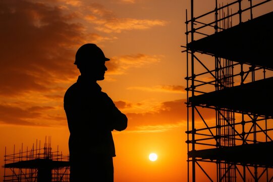 Silhouette of a construction worker wearing a hard hat, standing with arms crossed, observing a scaffolding structure during sunset - Powered by Adobe