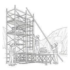 Illustration of construction workers assembling scaffolding on a construction site.