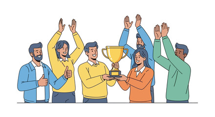 Team celebrating victory, holding a golden trophy, with members clapping and cheering, symbolizing success and teamwork.
