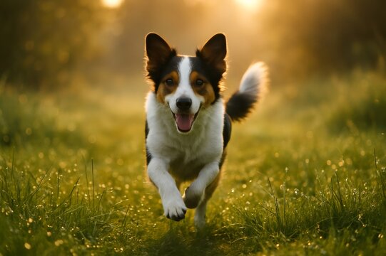 Energetic dog running and smiling in a golden field during early morning light, expressing joy and freedom - Powered by Adobe
