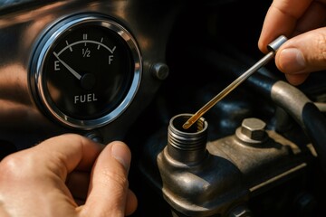 Driver checking engine oil with dipstick while low fuel warning shows on the dashboard of a vintage car during roadside inspection