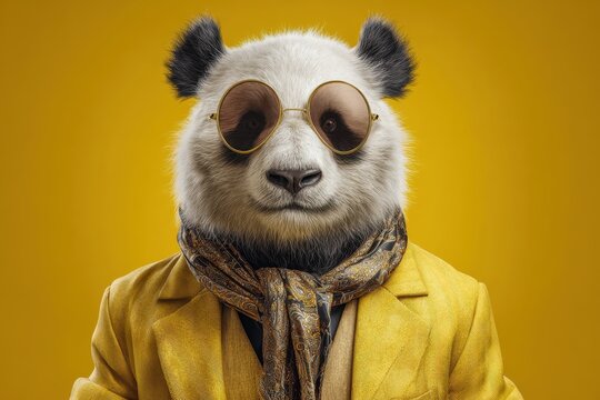 Panda in Yellow Jacket and Transparent Glasses