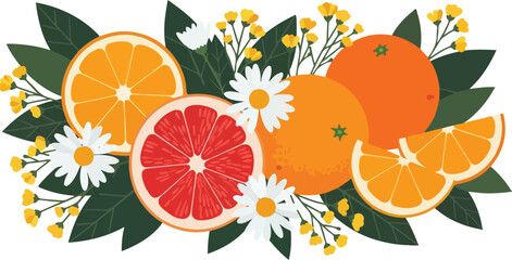Vibrant Citrus Fruits and Delicate Flowers Arrangement.