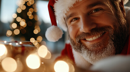 A close-up of a cheerful Santa Claus with a big smile, surrounded by festive decorations, symbolizing the joy and excitement of the holiday season.