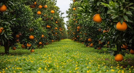 A low-angle perspective of a beautiful orange orchard, where rows of trees are laden with ripe citrus fruit over a lush green ground cover with yellow wildflowers