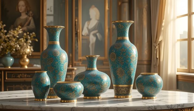 A luxurious Persian-style ceramic vase set, intricate turquoise and gold mina-kari patterns, glossy finish, elegant slim-tall forms, arranged on a marble tabletop, soft golden sunlight, museum-qualit
