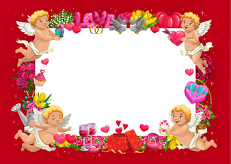 Obraz premium Valentine day holiday frame with cherub cupid angels and gifts, vector greeting card. Valentine day, wedding or marriage frame with golden rings and flowers, heart balloons and cheerful cupids