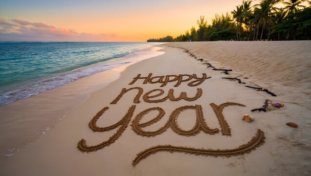 Happy new year message written in the sand on a tropical beach at sunset