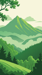Green mountain landscape with misty valleys and lush forest