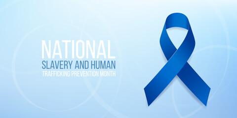 National slavery and human trafficking prevention month concept. Banner with blue ribbon awareness and text. Vector illustration.