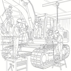 Obraz premium Excavator maintenance scene with workers in a garage.