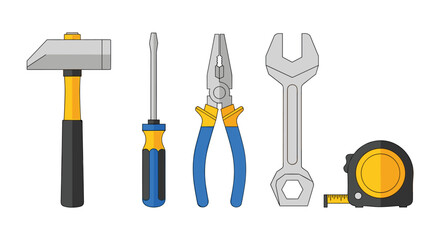 Basic set of essential hand tools for home repair and DIY projects, including a hammer, screwdriver, pliers, wrench, and tape measure.