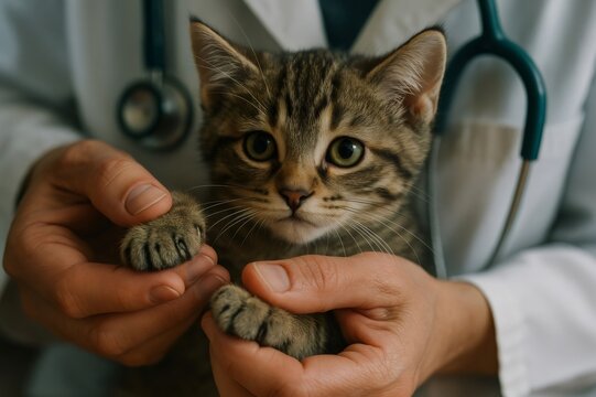 Veterinarian holding a small tabby kitten, gently examining its paws during a health checkup. Animal healthcare and pet care