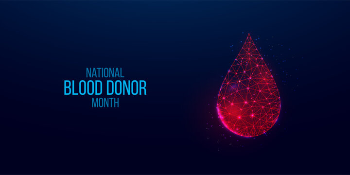 National Blood Donor Month concept. Banner with glowing low poly red blood drop on dark background. Vector illustration.