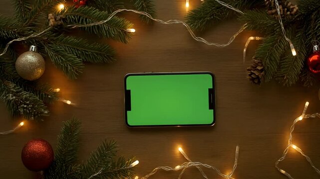 Smartphone with green screen on a wooden table with christmas decorations and lights flat lay