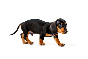 Curious Dachshund Puppy Walking on White Background