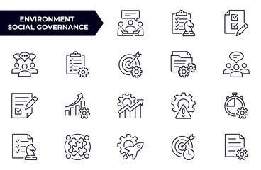 Fototapeta premium Project management outline icon set. Collection of collaboration, workflow, strategy, deadlines and more. Vector illustration. Editable stroke.