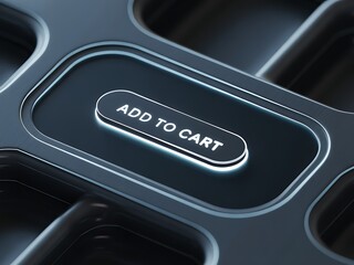 Close-up of a black button with the words 'ADD TO CART' in white, illuminated.