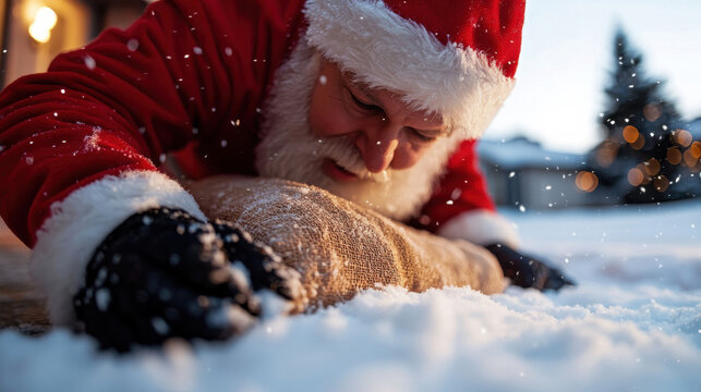 An engaging image of Santa attempting to deliver gifts in the snow, showcasing the humorous side of the holiday season and the spirit of giving and joy.