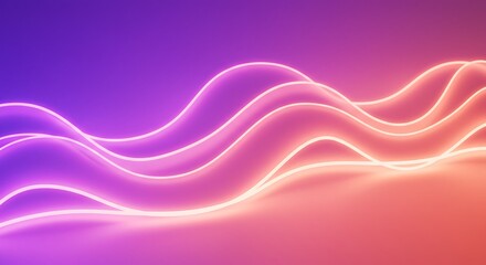 Abstract neon wave background with vibrant glowing lines in a purple to orange gradient, modern digital art illustration perfect for technology or design concepts