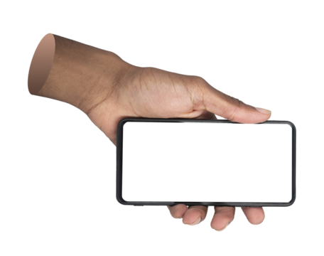 Phone in hand with mobile screen showing blank background for clear ad design. African american user