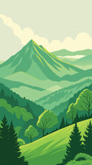 Green mountain landscape with lush forest and cloudy sky