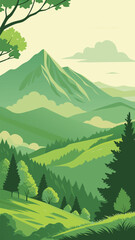 Green mountain landscape with lush forest and cloudy sky