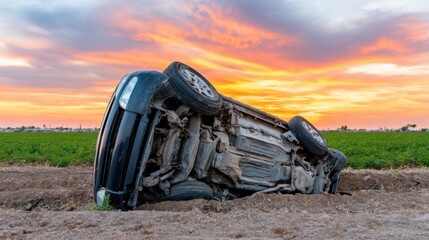Overturned car lying on its side in a dirt field at sunset with dramatic colorful sky and distant farmland.