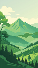 Green mountain landscape with lush forest and cloudy sky