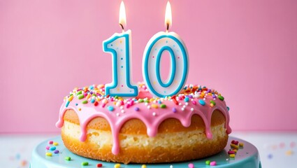 Pink Frosted Cake with Number 10 Candle for 10th Birthday Celebration