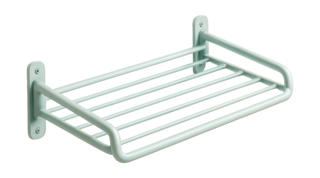 Wall-mounted drying rack with coated metal bars for a playroom.