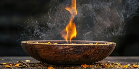 A wooden bowl with burning incense sticks and smoke rising from it, set against a dark background.