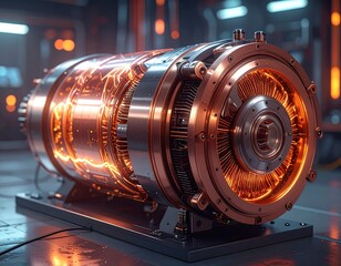 Metallic cylinder with exposed, glowing internal components