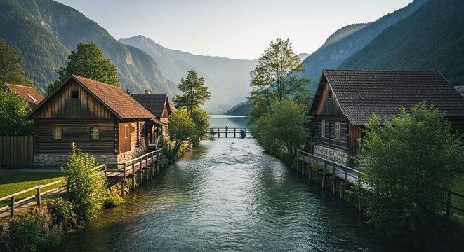 Rustic wooden cabins line the banks of a clear mountain river flowing into a tranquil lake, set against a backdrop of majestic forested peaks during a serene sunrise - Powered by Adobe