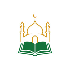 Golden Mosque Outline with Green Open Book Representing Islamic Learning and Wisdom