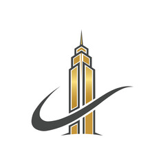 Modern Skyscraper Building Logo with Golden Accents and Dynamic Swoosh