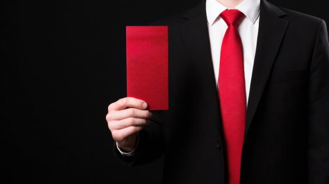 Person in a black suit and red tie holds a red card against a black background, suggesting a penalty, warning, or formal rejection.