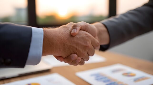 Two professionals shaking hands over a desk with financial charts during a golden hour sunset symbolizing agreement and success