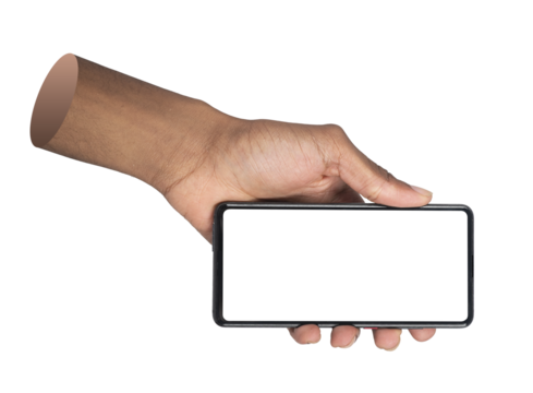 Phone in hand. African American male using mobile device with horizontal orientation, blank white