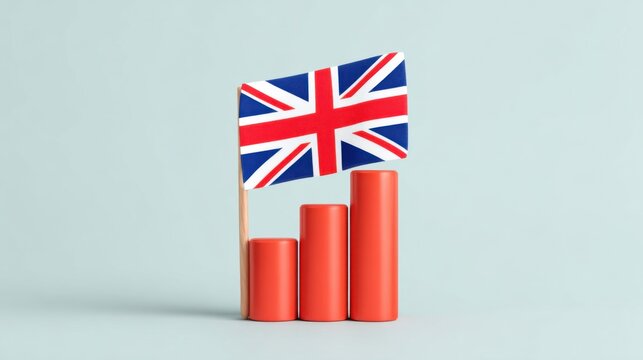 Union Jack flag beside three rising red cylindrical bars on a pale background, suggesting UK economic or market growth.