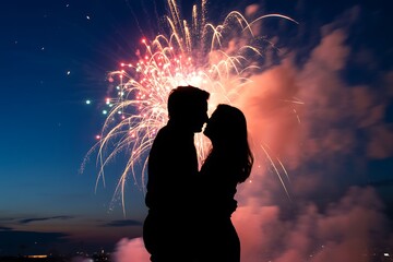 Silhouetted couple embraces under a spectacular burst of fireworks against the night sky