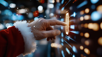 A festive hand in a Santa suit interacts with a modern display, symbolizing the blend of holiday spirit and technology in a captivating visual experience.
