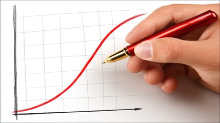 Hand drawing a red upward curve on gridded paper, depicting a rising chart or data trend indicative of growth or business performance.