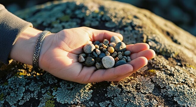 Close-up of a person's cupped hand holding a collection of small, smooth pebbles, resting on a lichen-covered boulder during a warm, golden hour sunset