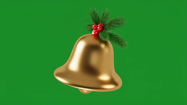 Swinging golden holiday bell with pine berries on a green chroma key background