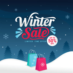Winter sale limited time offer banner template featuring a snowy background, perfect for discount promotions, web ads, posters, and seasonal clearance deals to drive sales.